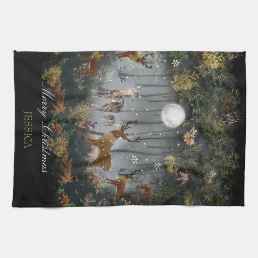 Adorable Reindeer At Night Theedoek (Horizontaal)