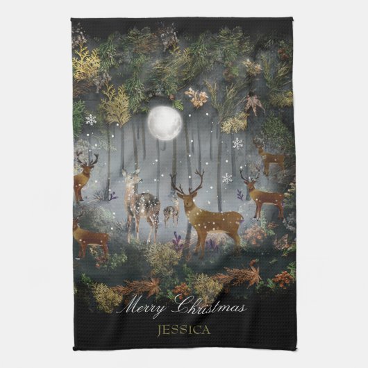 Adorable Reindeer At Night Theedoek (Verticaal)