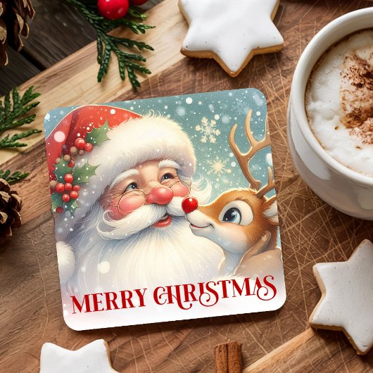 Adorable Santa and Rudolph Christmas Paper Coaster Kartonnen Onderzetters
