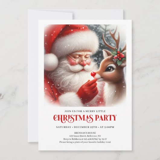 Adorable Santa and Rudolph Christmas Party Invite Kaart (Voorkant)