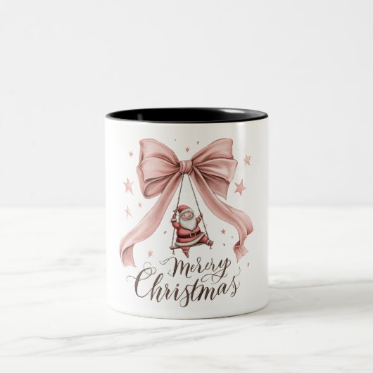 Adorable Santa Christmas Mug with Pink Bow Tweekleurige Koffiemok (Center)