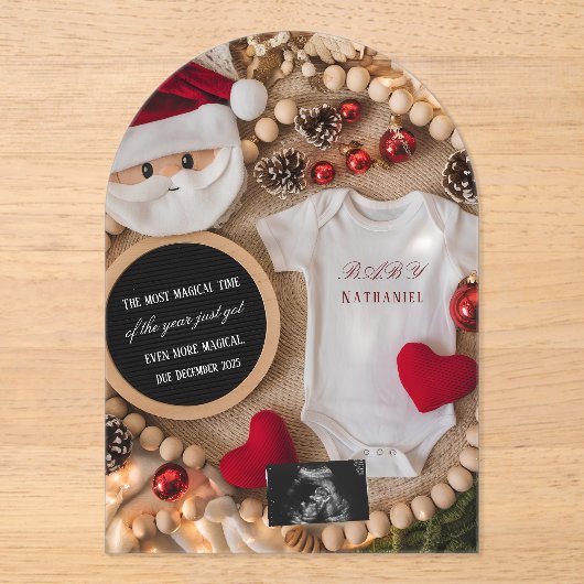 Adorable Santa Christmas Pregnancy Announcement Acryl Uitnodigingen (Voorkant)