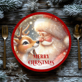 Adorable Santa Claus and Rudolph Party Plates Papieren Bordje