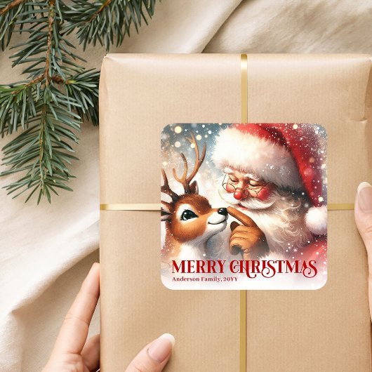 Adorable Santa Rudolph Personalized Christmas Kids Vierkante Sticker