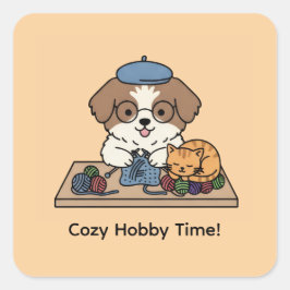 Adorable Shih Tzu Knitting Cartoon Craft Party Vierkante Sticker