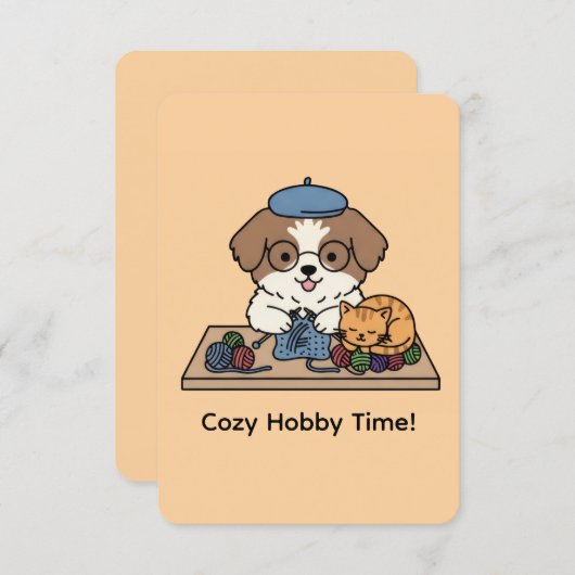 Adorable Shih Tzu Knitting with Cat Companion Card Bedankkaart (Voorkant / Achterkant)