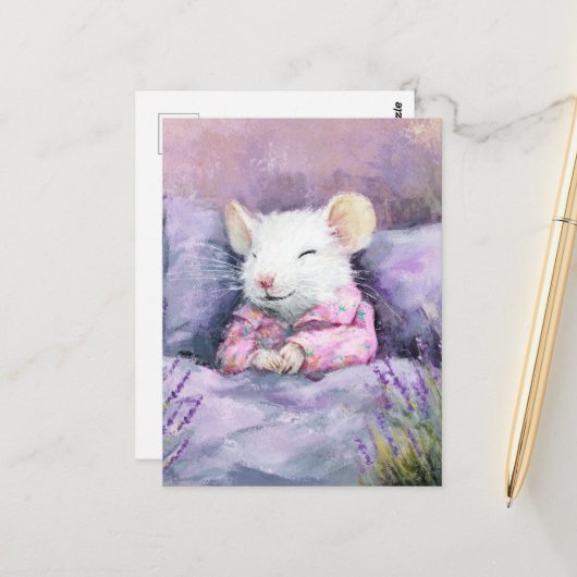 Adorable Sleeping White Mouse in PJs Briefkaart (Voorkant / Achterkant in situ)