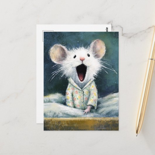 Adorable Sleepy White Mouse in PJs  Briefkaart (Voorkant / Achterkant in situ)