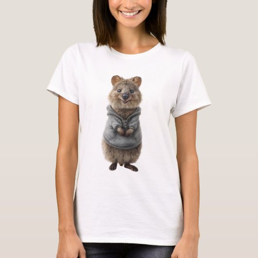 Adorable Smiling Quokka in a Grey Hoodie T-shirt (Voorkant)