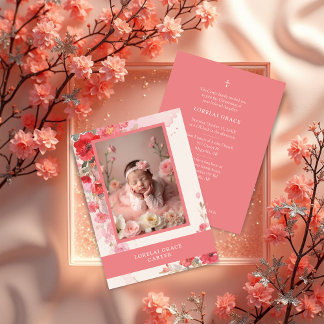 Adorable Sweet Colorful Coral Floral Photo Baptism Kaart