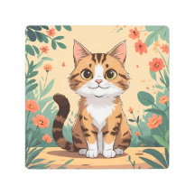 Adorable Tabby Cat in Blossom Garden Metal Wall Ar