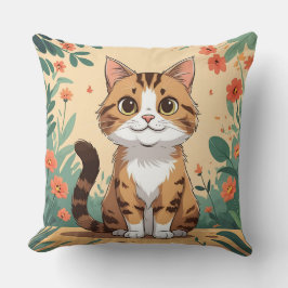Adorable Tabby Cat in Blossom Garden Throw Pillow Kussen