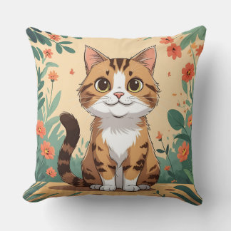 Adorable Tabby Cat in Blossom Garden Throw Pillow Kussen