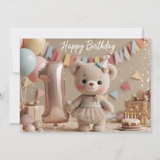 Adorable Teddy Bear First Birthday Invitation Kaart (Voorkant)