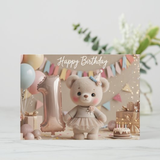 Adorable Teddy Bear First Birthday Invitation Kaart (Staand voorkant)