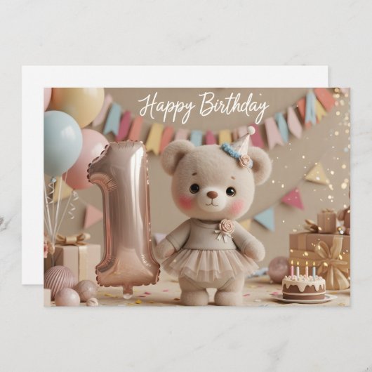 Adorable Teddy Bear First Birthday Invitation Kaart (Voorkant / Achterkant)