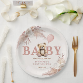 Adorable Teddy Bear Pink Boho Floral Girl Papieren Bordje