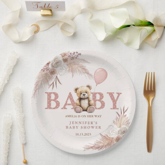Adorable Teddy Bear Pink Boho Floral Girl Papieren Bordje (Huwelijk)