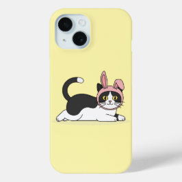 Adorable Tuxedo Cat in Pink Bunny Hat Aesthetic iPhone 15 Case