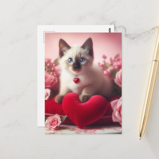Adorable Valentine Kitten Briefkaart (Voorkant / Achterkant in situ)