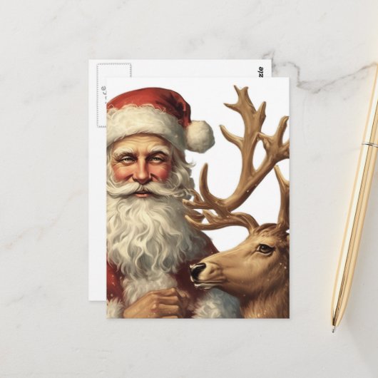 Adorable Vintage Santa and Reindeer Briefkaart (Voorkant / Achterkant in situ)