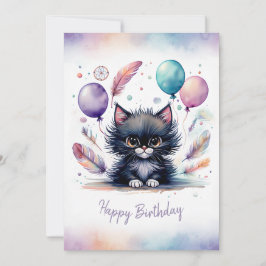 Adorable Watercolor Black Kitten Happy Birthday Feestdagenkaart