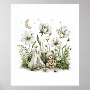 Adorable Watercolor Konijn met Maan en Sterren Poster
