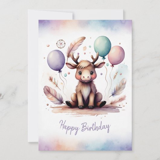 Adorable Watercolor Moose Happy Birthday Feestdagenkaart (Voorkant)