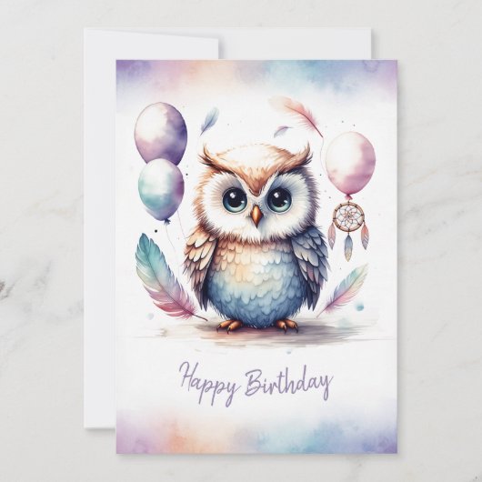 Adorable Watercolor Owl Happy Birthday Feestdagenkaart (Voorkant)
