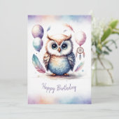 Adorable Watercolor Owl Happy Birthday Feestdagenkaart (Staand voorkant)