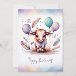 Adorable Watercolor Texas Longhorn Happy Birthday Feestdagenkaart