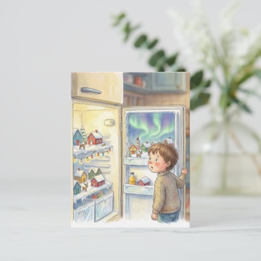 Adorable Winter Scene in Refrig Amazed Boy Briefkaart (Staand voorkant)