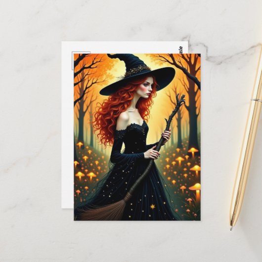 Adorable Witch in Autumn Forest Briefkaart (Voorkant / Achterkant in situ)