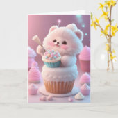 Adorable Witte Kitten Feest Hoed Cupcakes Blank Kaart (Gele Bloem)