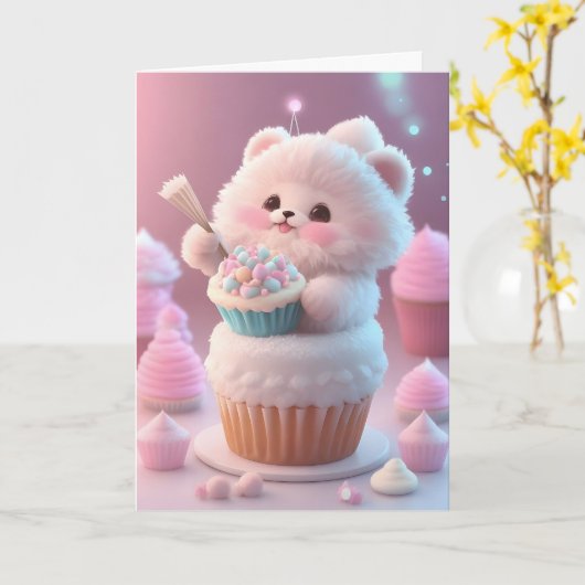 Adorable Witte Kittens Feesthoed Cupcakes Blank Kaart (Gele Bloem)