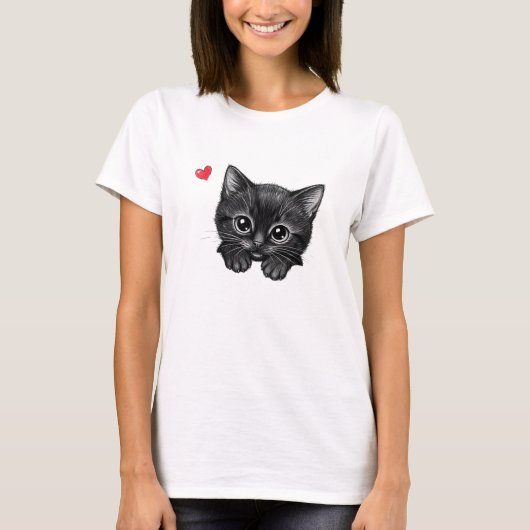 Adorable Zwarte Kitten met Hart T-Shirt  (Voorkant)