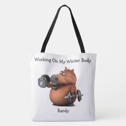 Adorables 3D Chubby Horse Lifting Weights Canvas t Tote Bag (Achterkant)