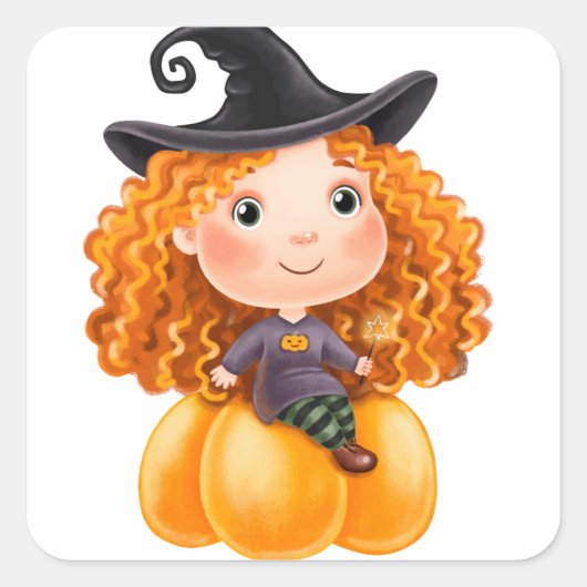 Adorables Cute Little Witch op Pumpkin Vierkante Sticker (Voorkant)