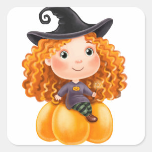 Adorables Cute Little Witch op Pumpkin Vierkante Sticker