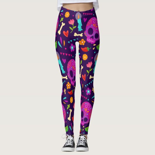 Adorables Day of the Dead Calavara Style Yoga Leggings (Voorkant)
