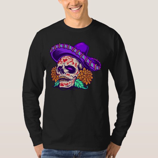 Adorables Day of the Dead Skull with Paars Pet T-shirt (Voorkant)