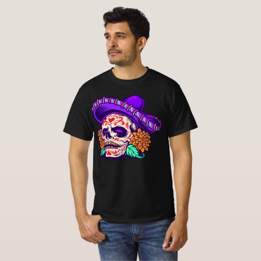 Adorables Day of the Dead Skull with Paars Pet T-shirt (Voorkant volledig)