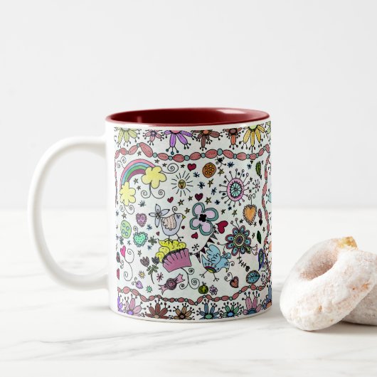 Adorables Happy Joy Joy Doodles Tweekleurige Koffiemok (Met donut)