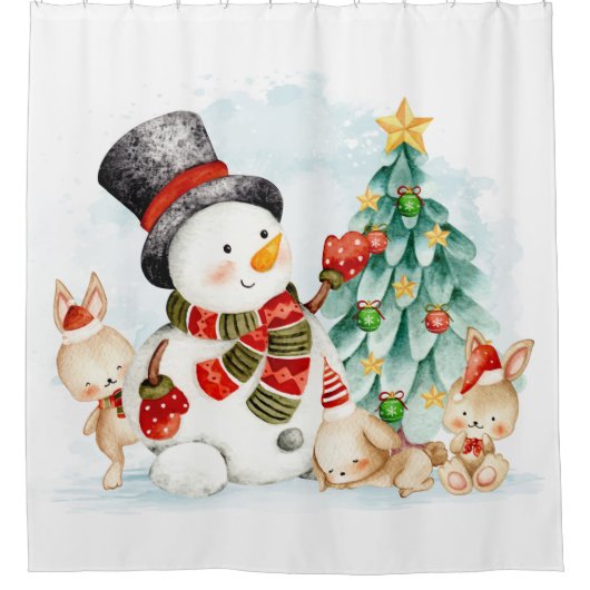Adorables kerstsnowman Bunnies and Tree Douchegordijn (Voorkant)