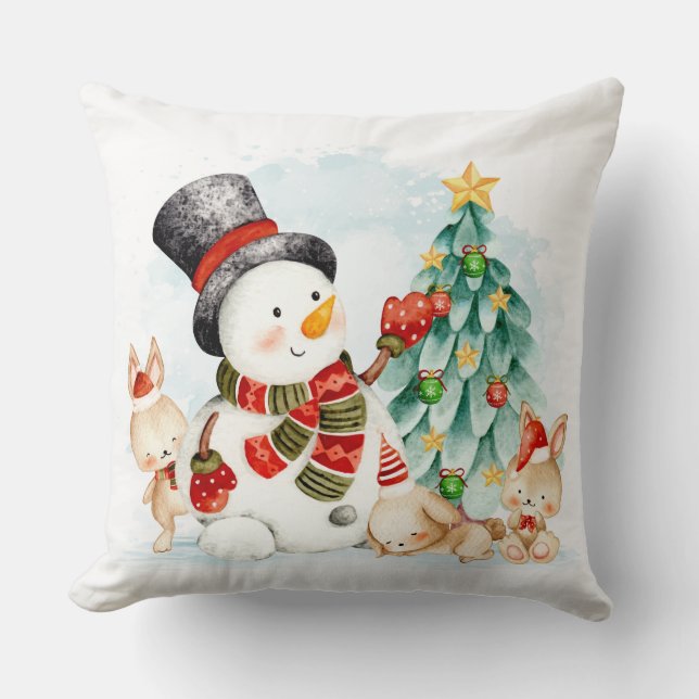 Adorables kerstsnowman Bunnies and Tree Kussen (Voorkant)