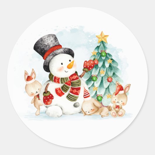 Adorables kerstsnowman Bunnies and Tree Ronde Sticker (Voorkant)