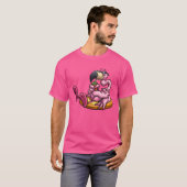 Adorables Roze 3D Flamingo die van een Drink houdt T-shirt (Voorkant volledig)