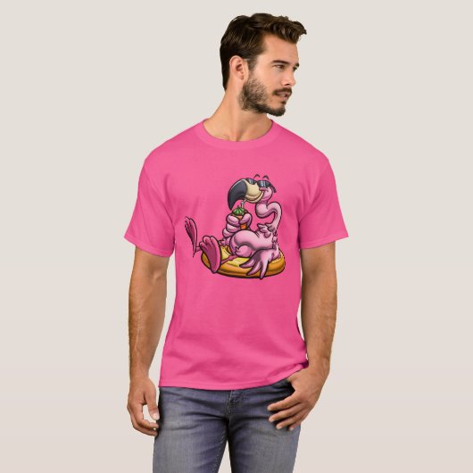 Adorables Roze 3D Flamingo die van een Drink houdt T-shirt (Voorkant volledig)