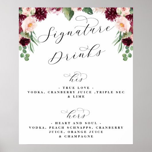 Adore Bloemige Handtekeningdrank Bruiloft Bar Menu Poster (Voorkant)