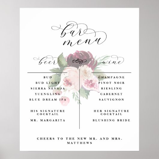 Adore Bloemstuk Bar Menu Wijn Bier Cocktail Lijst  Poster (Voorkant)